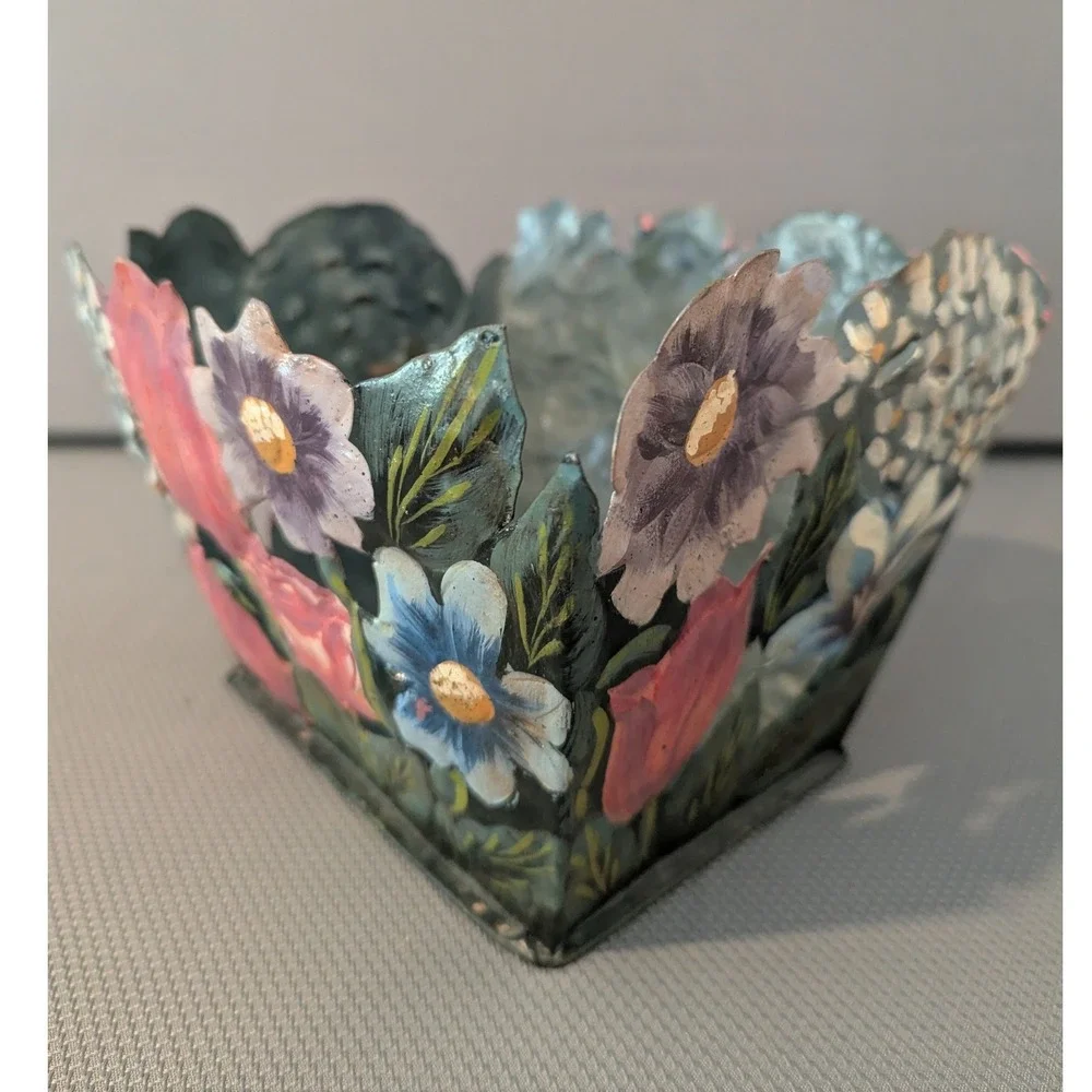 VTG Hand Painted Metal Floral Basket Planter Toleware Signed Beautiful India